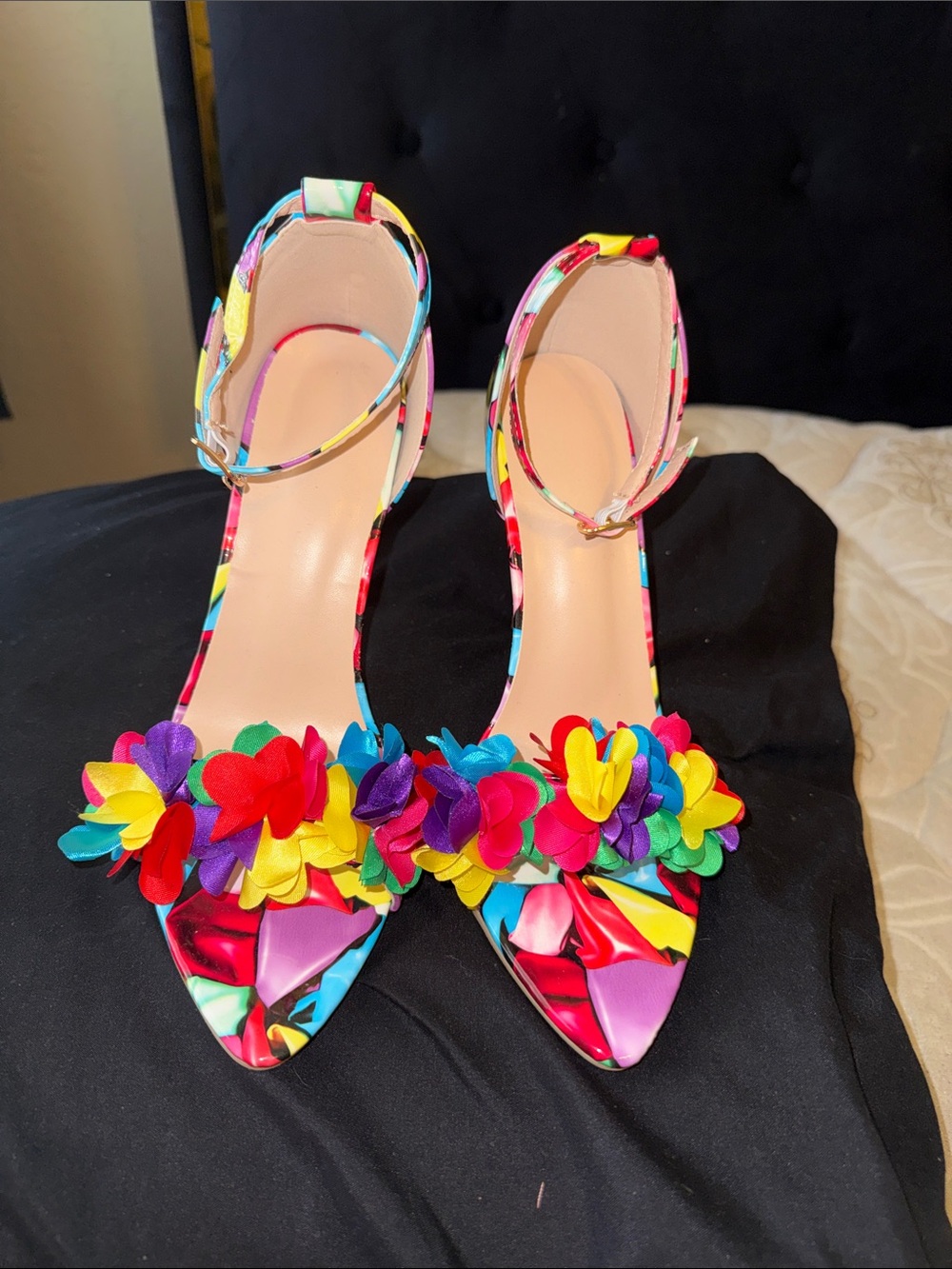 Multicolor Floral Ankle-Strap Pointed Heels